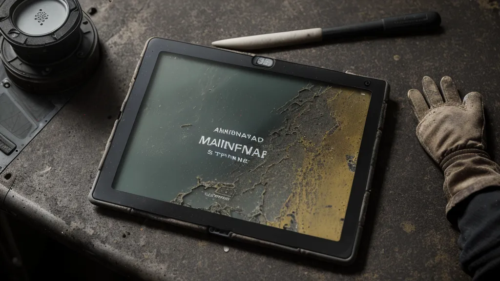 Digitales Bauprogramm auf einem Tablet zeigt eine Wartungserinnerung für einen Bagger