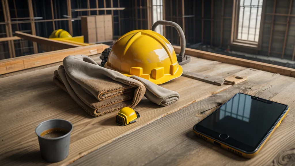 Smartphone mit Wochenübersicht der Arbeitsstunden im Bauwagen bei Regen.