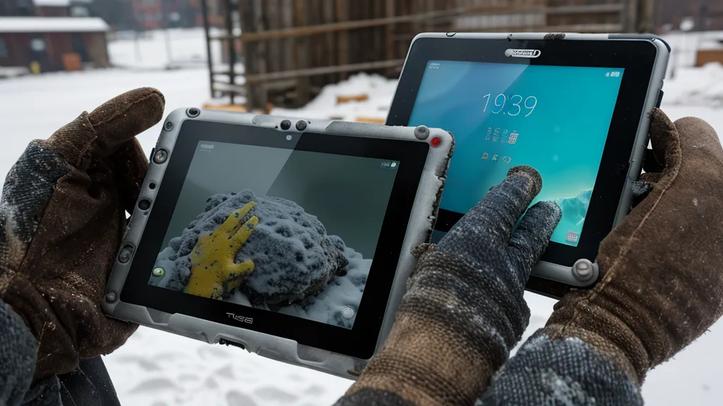 Nahaufnahme eines Tablets auf der Baustelle mit Wetterdaten im digitalen Bautagebuch.